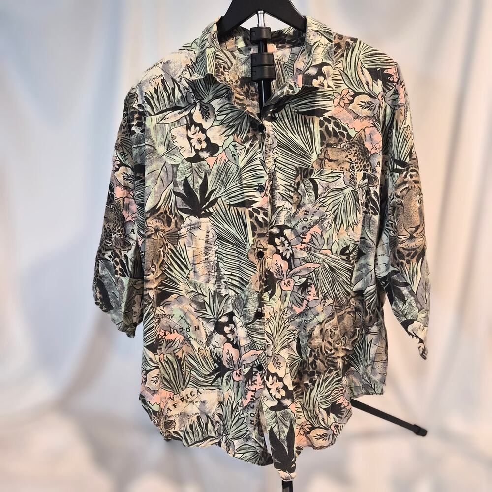 Vintage‎ 80s Safari Jungle Tiger Print Shoulder Pad Cotton Button Up Shirt 38